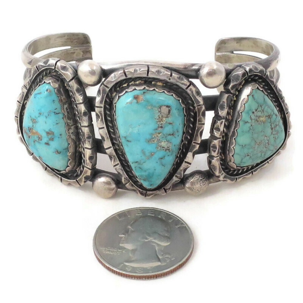 Herman Smith Navajo Sterling and Turquoise Cuff - Picture 2 of 8